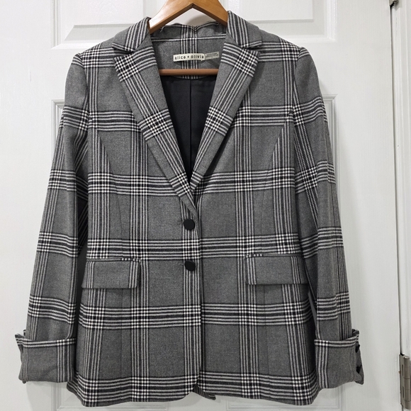 Alice + Olivia Paulene Plaid Wool Blend French Cuff Sparkle Blazer Size 2 - Picture 3 of 17